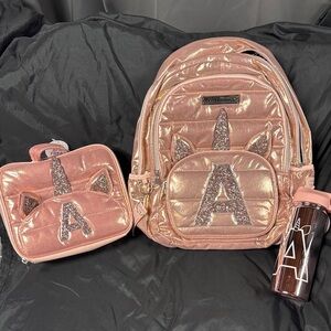 Justice Pink Sparkle Unicorn Backpack Set, Initial A